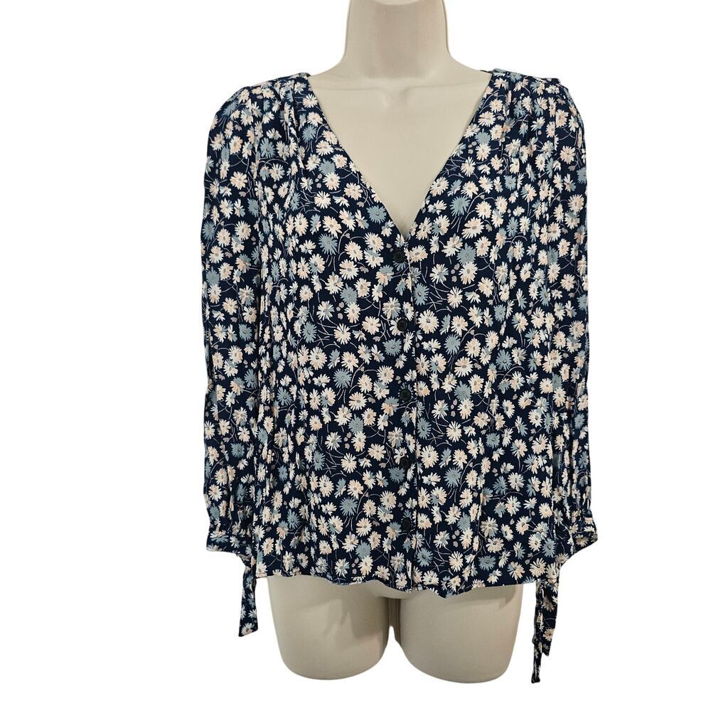 MADEWELL Tie-sleeve Button-down Top in French Floral Blue Moon Size M